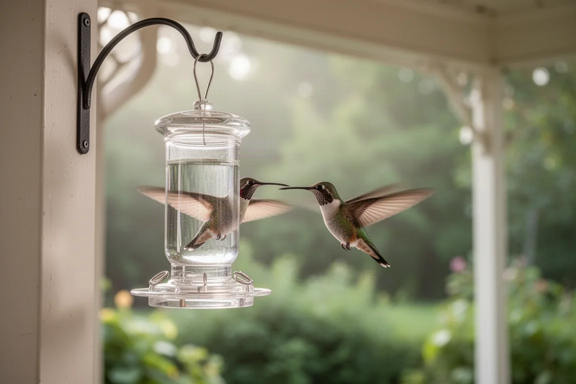 Ein Kolibri trinkt an einem hängenden Futterspender auf einer Veranda