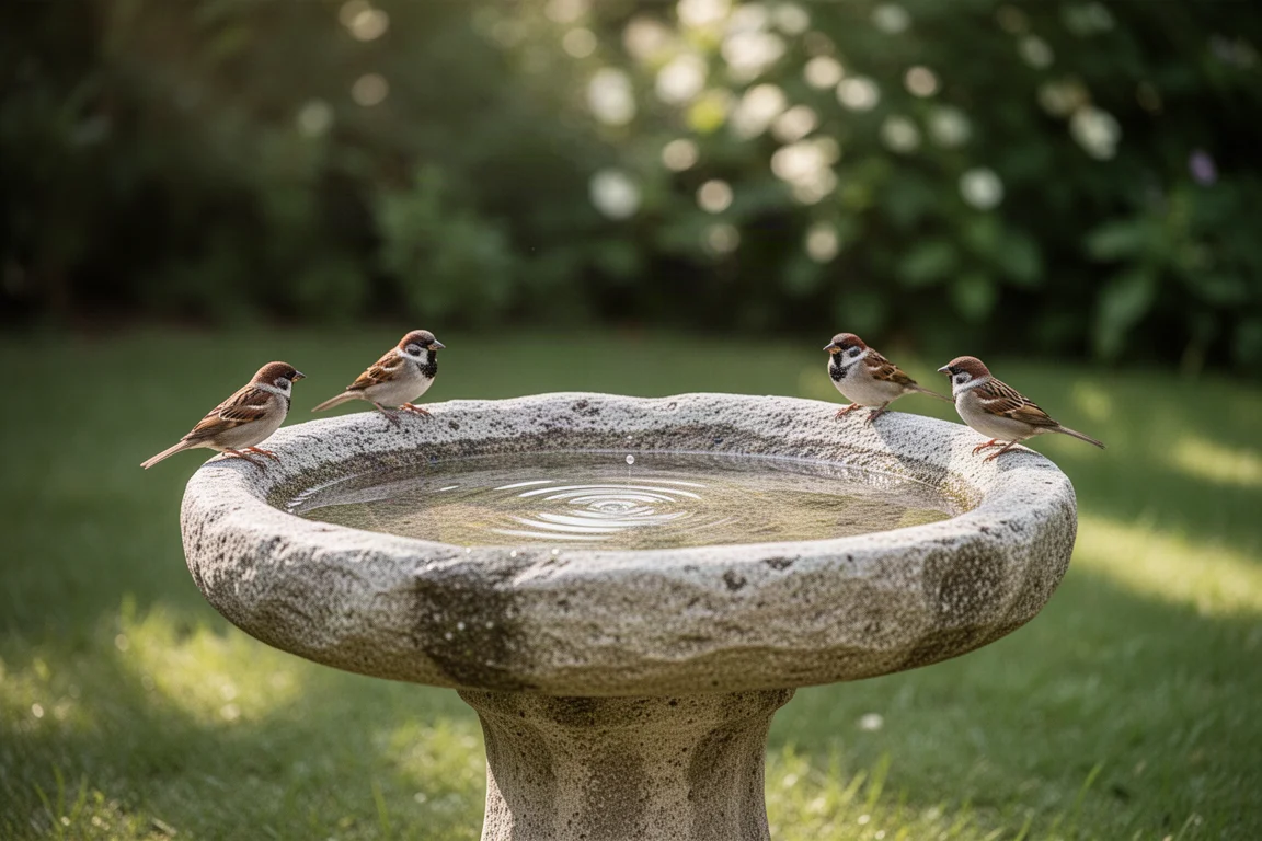 Vögel baden in einem steinernen Vogelbad in einem Garten