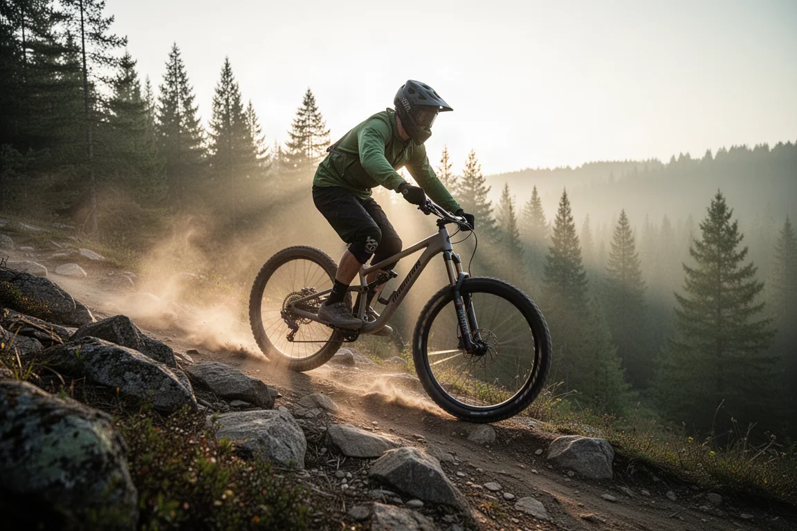 Mountain biker descending a rocky trail at dawn with dust in the sunlight