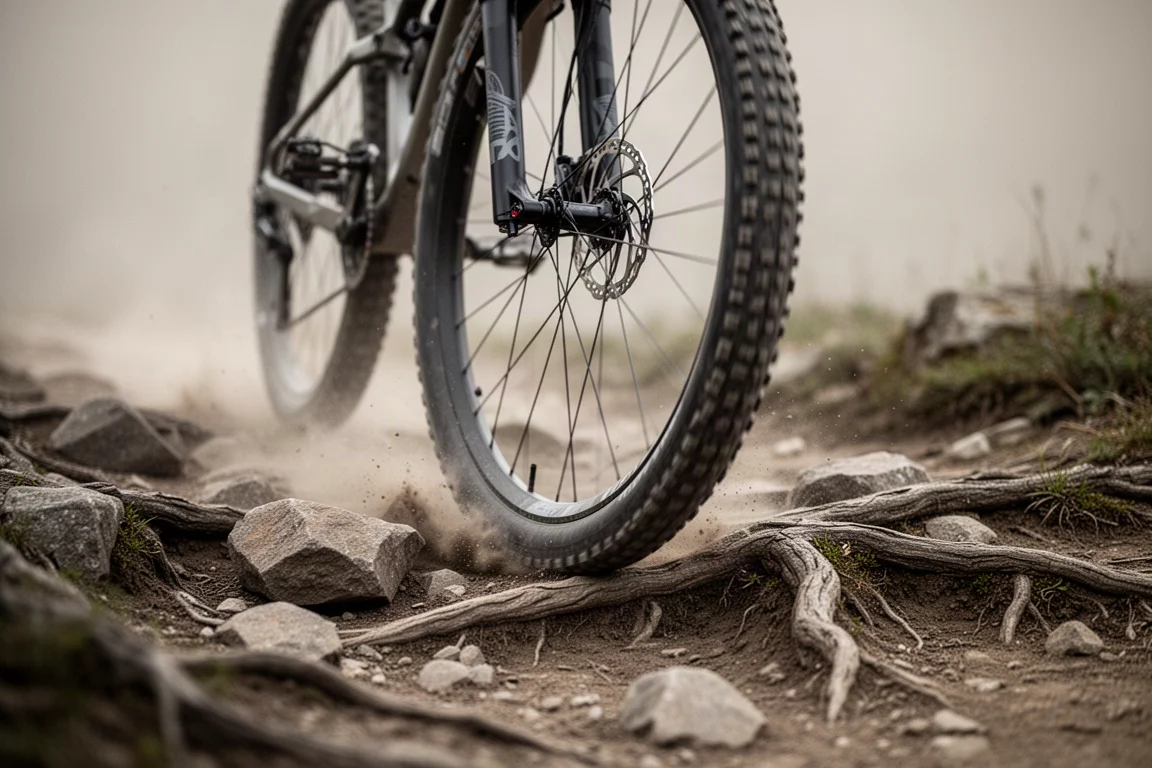 Close-up of a mountain bike wheel rolling over loose rocks and roots