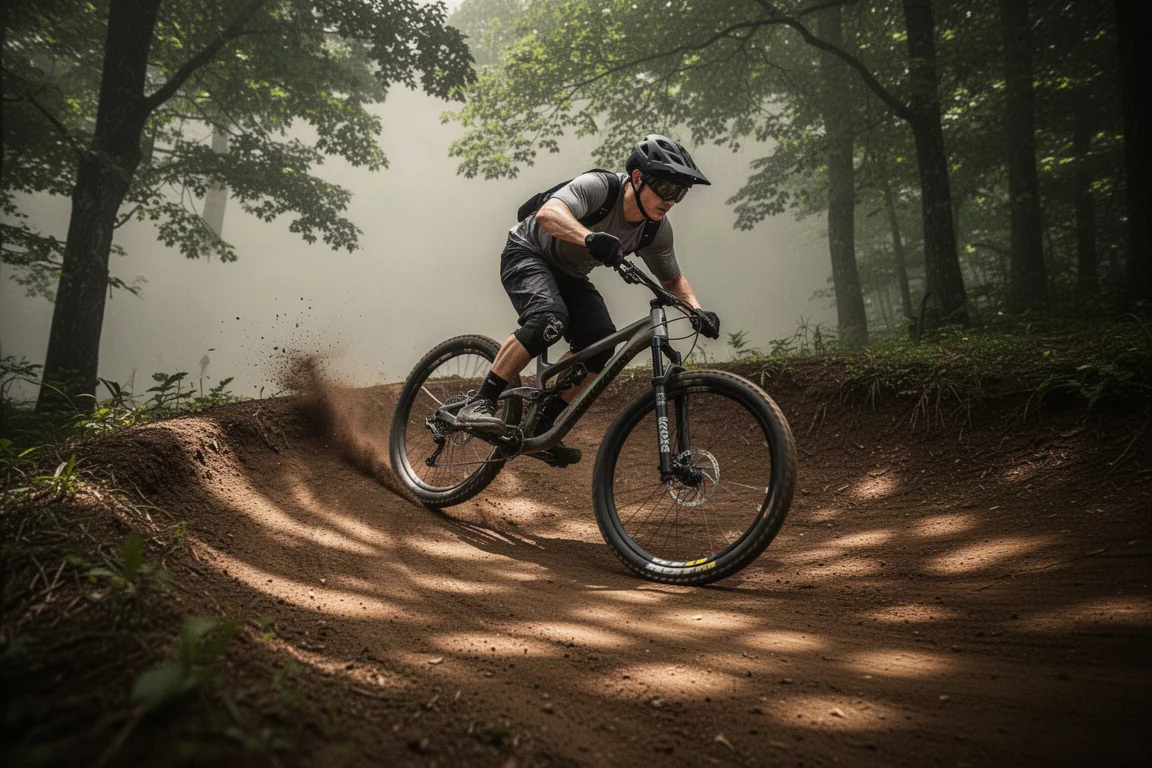 Mountain biker cornering hard on a loamy berm in a forest