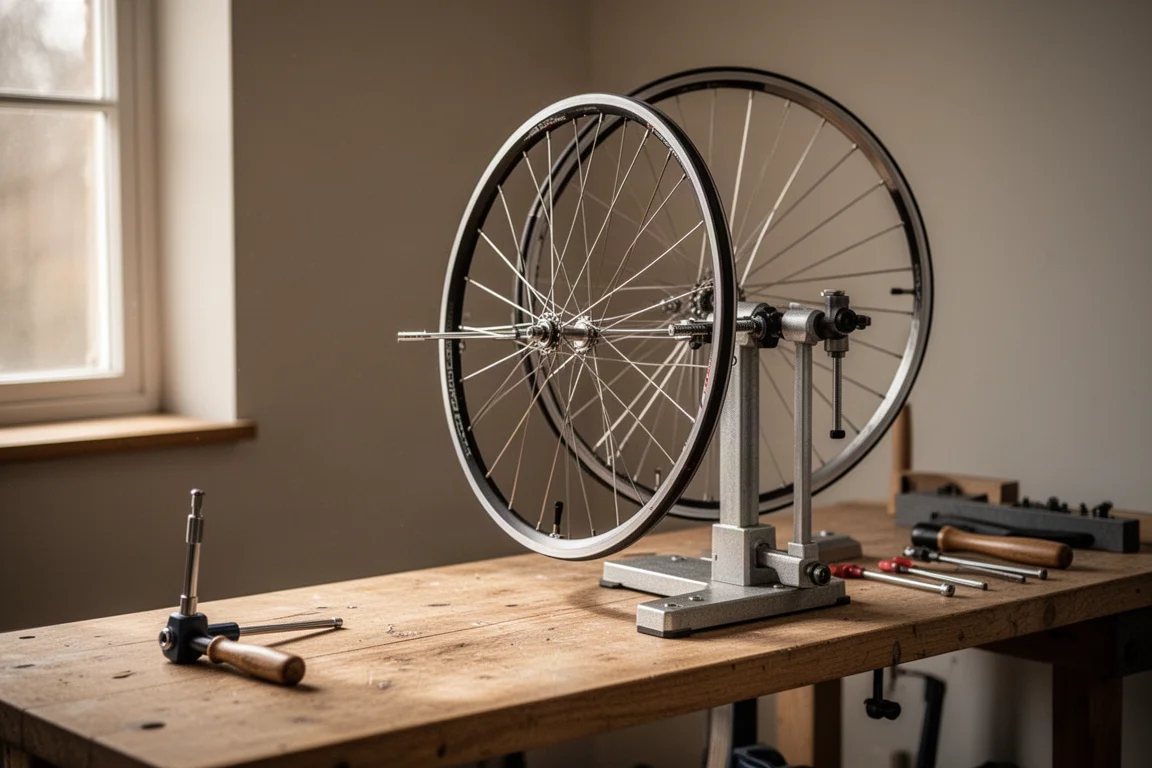 Bicycle wheel in a truing stand with tools on a workshop bench