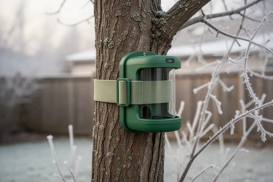 Mangiatoia smart verde fissata a un albero del giardino alla luce invernale