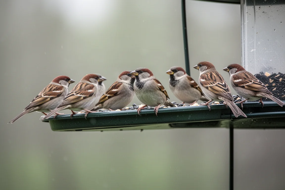 Piccoli uccelli canori appollaiati lungo il bordo di una mangiatoia
