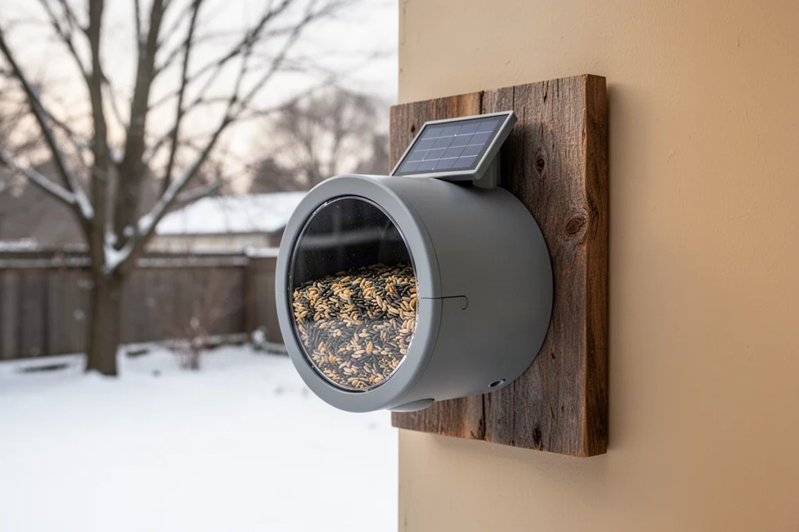Mangiatoia intelligente rotonda montata su una tavola di legno in un cortile innevato
