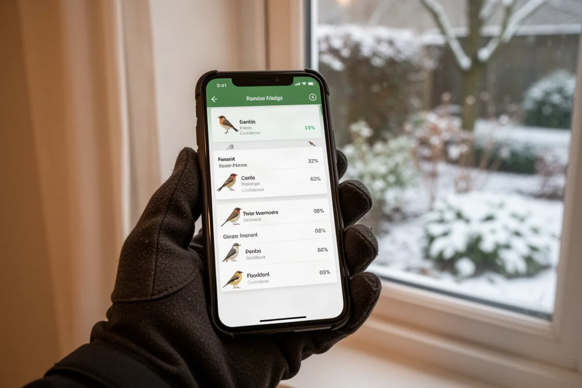 Schermata dello smartphone con un elenco di identificazione di uccelli in un'app di birdwatching