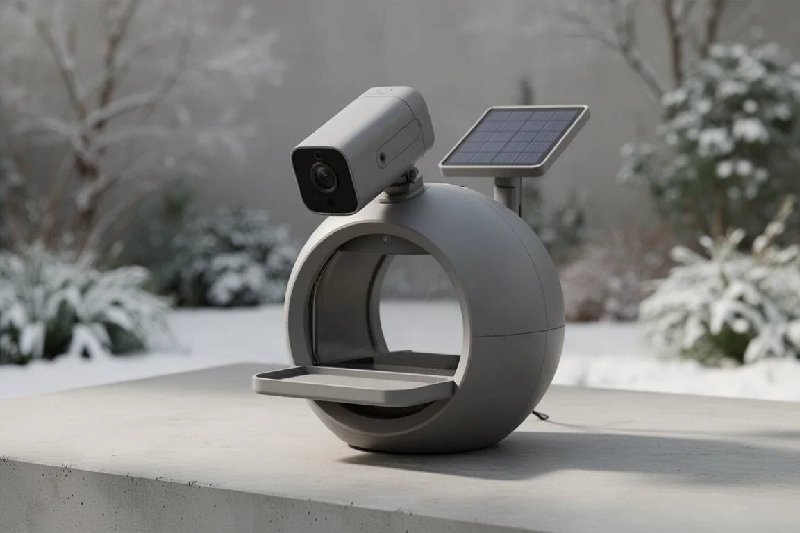 Runder smarter Vogelfutterspender mit Solarpanel auf einer Betonfläche