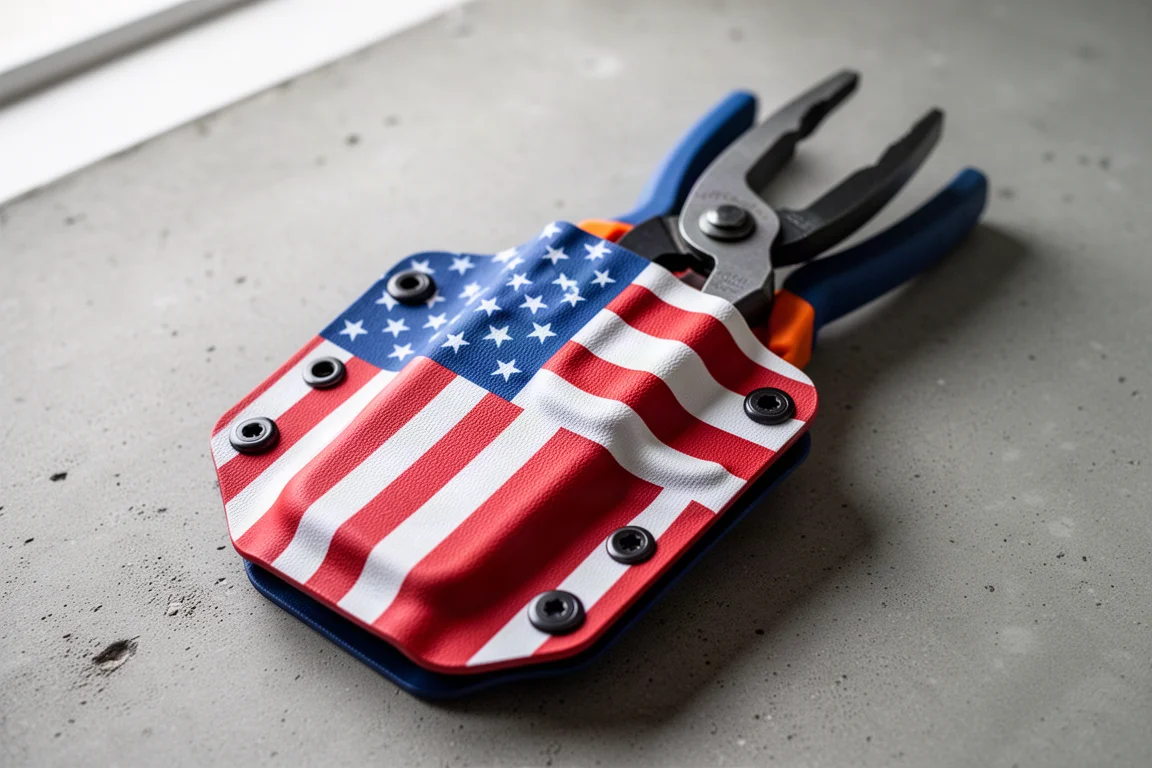 Gros plan sur un étui à outil Kydex sur mesure avec motif drapeau américain et ciseaux insérés