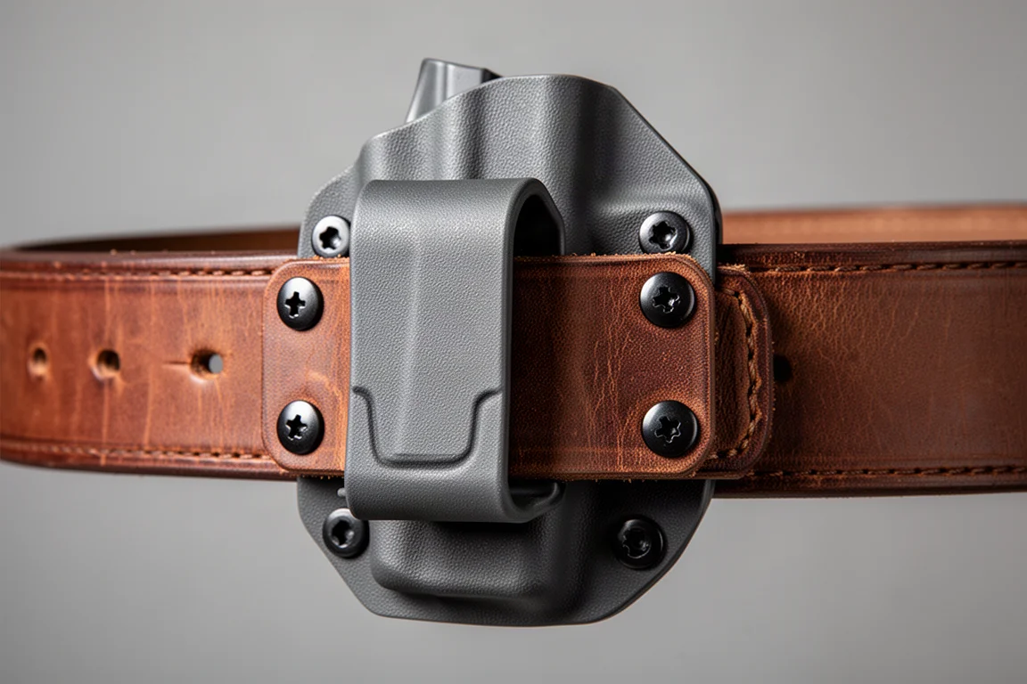 Passant de ceinture en cuir large et vis de fixation sur un étui Kydex
