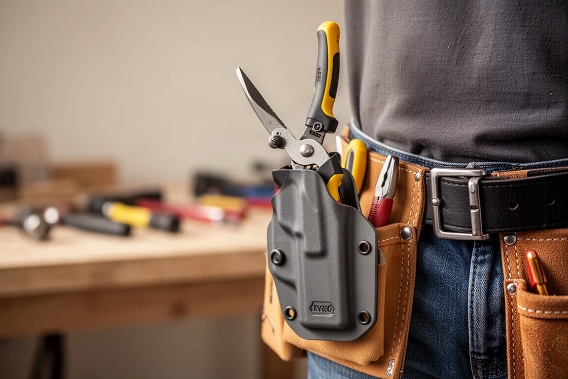 Ciseaux d'électricien retirés d'un étui Kydex moulé sur mesure à un établi