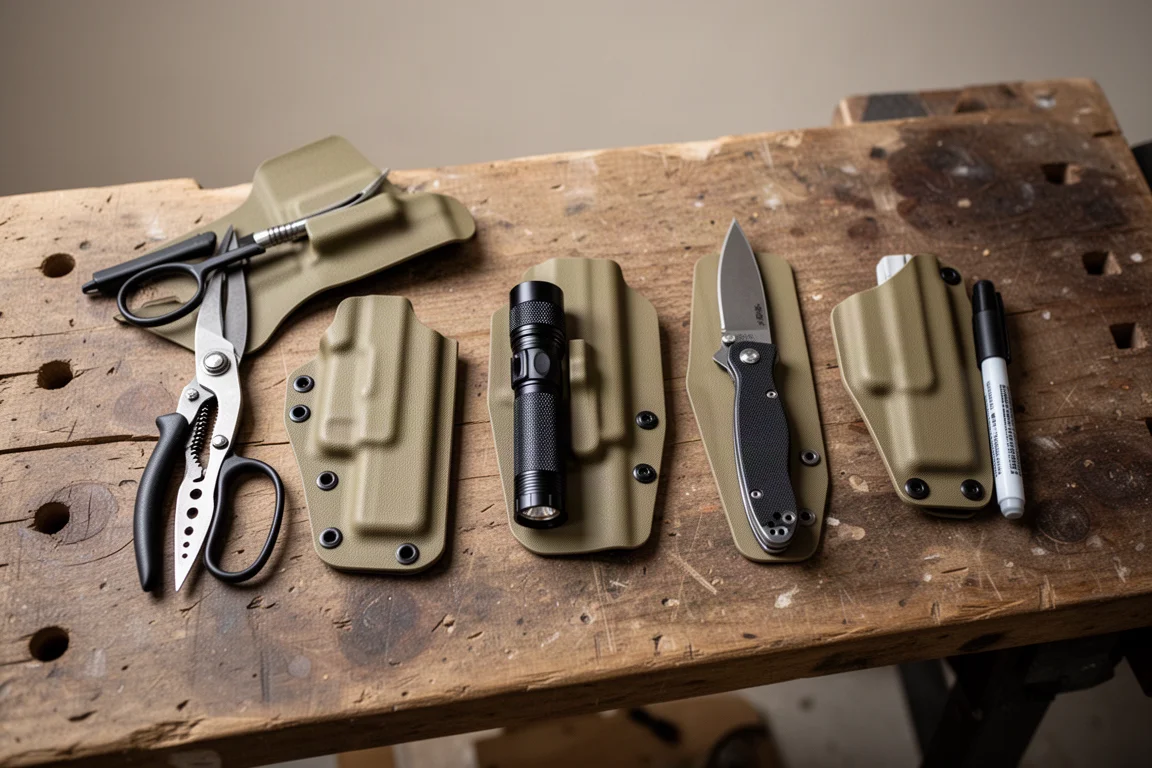 Étuis Kydex sur mesure pour divers outils disposés sur une table d'atelier