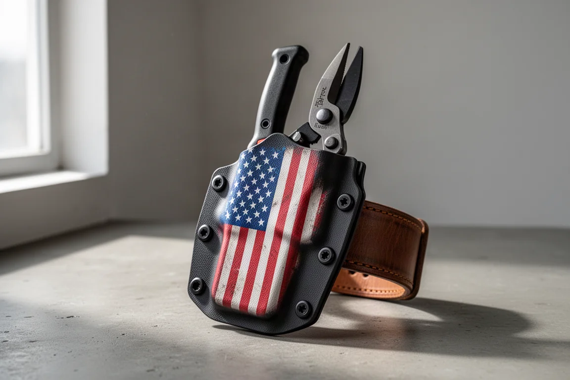 Étui à outil Kydex sur mesure avec motif drapeau contenant des ciseaux d'électricien sur surface en béton