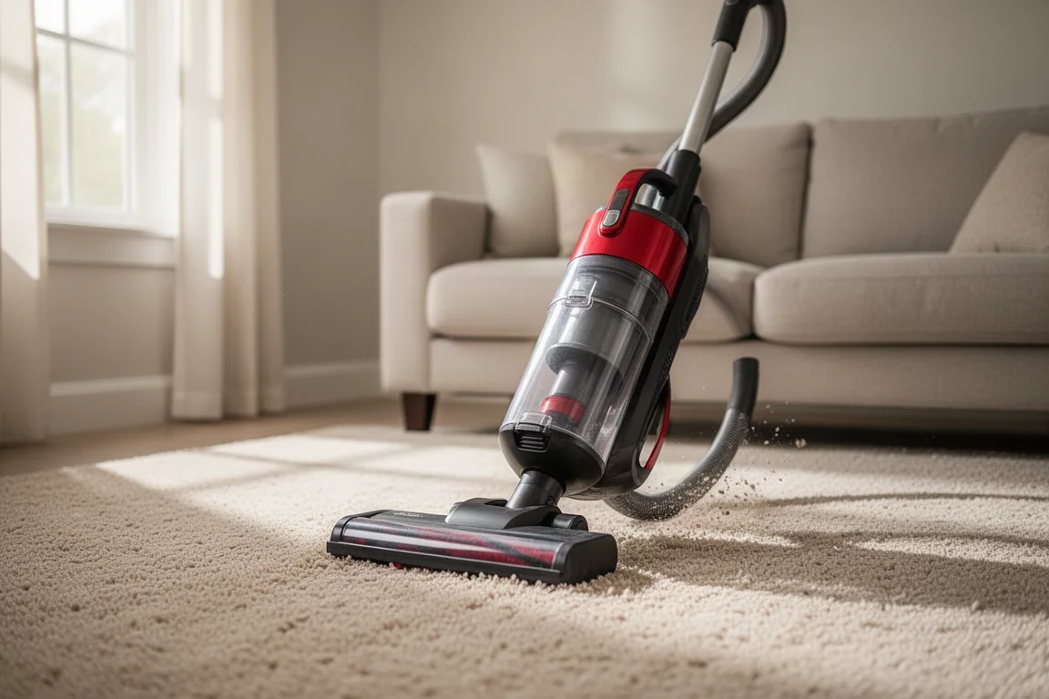 Aspirateur vertical nettoyant un sol de salon recouvert de moquette