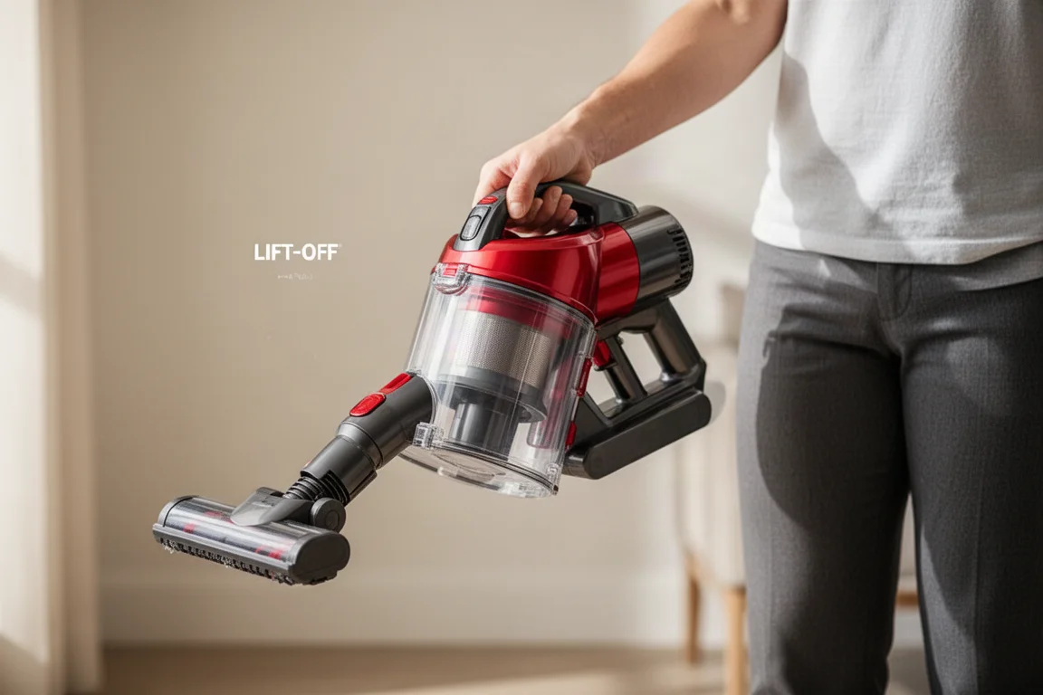 Conteneur d'aspirateur détaché, porté à la main pour un nettoyage en hauteur
