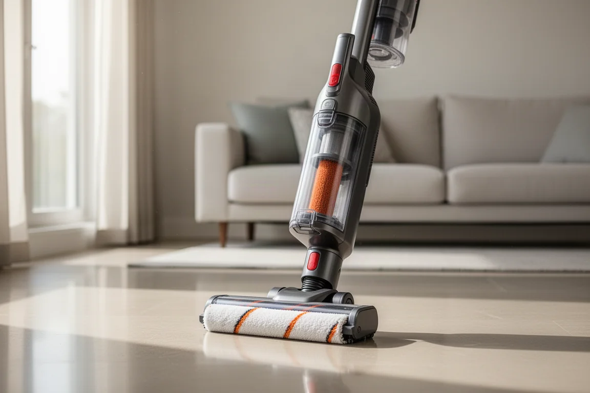 Upright vacuum cleaner with dual-brush floorhead on a hard floor