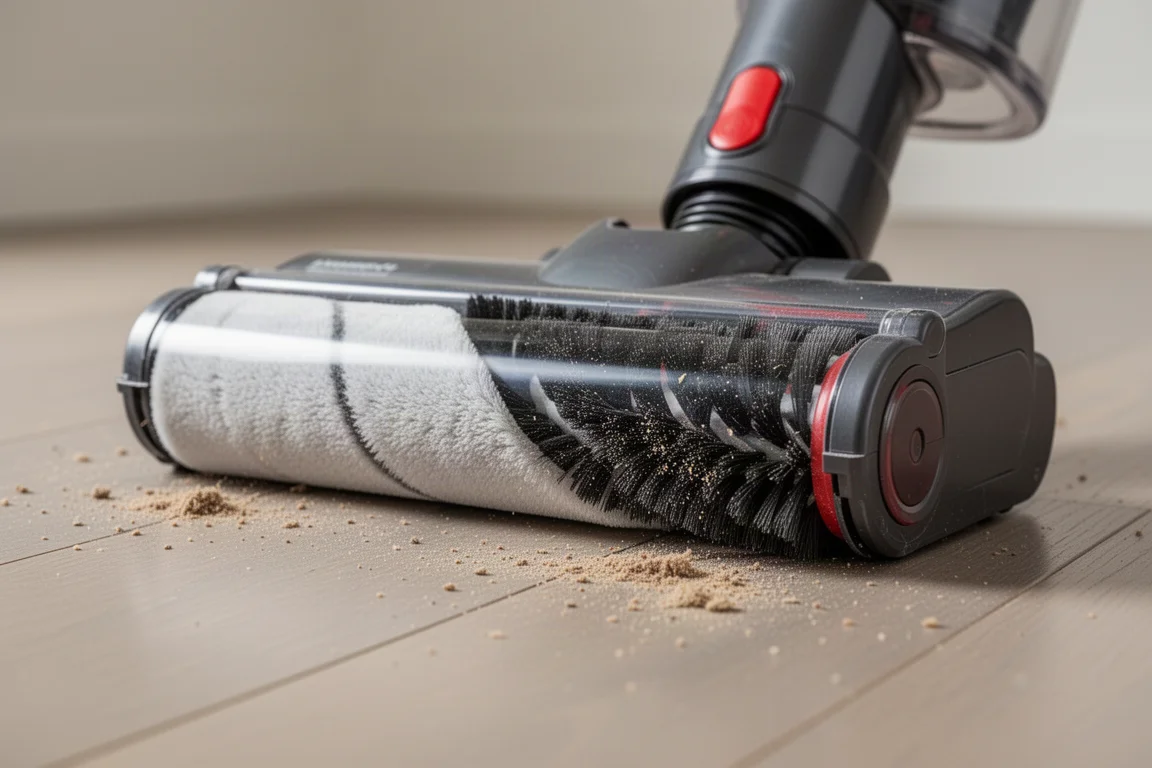 Close-up of the dual-brush floorhead showing soft roller and traditional roller