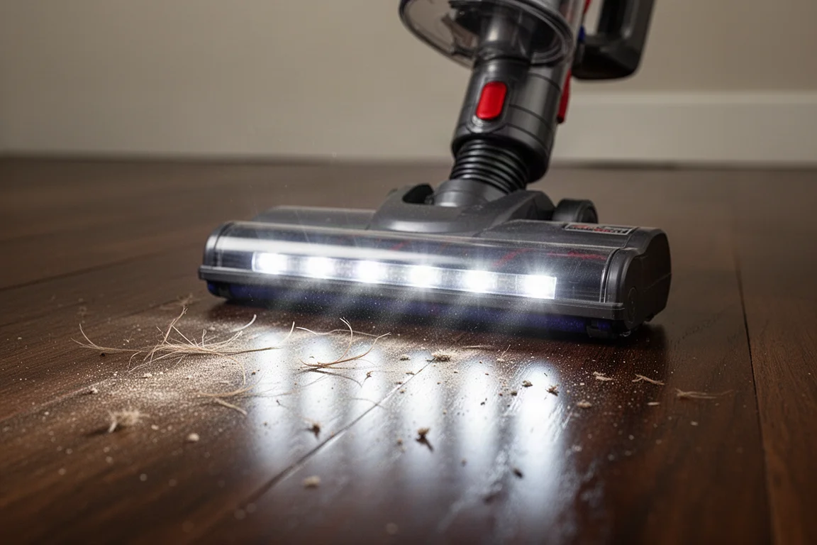 Bright LED headlights on vacuum floorhead illuminating dust on a dark floor