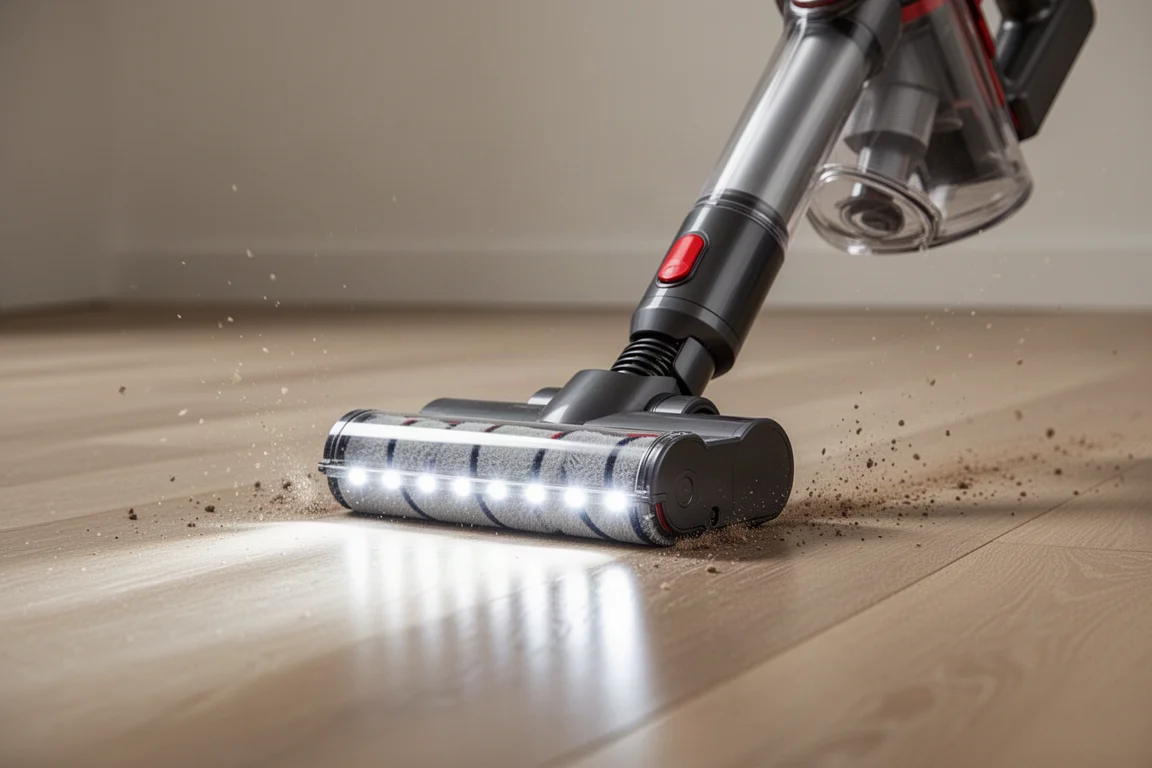 Cordless stick vacuum cleaning a hard floor with dual rollers and LED lights