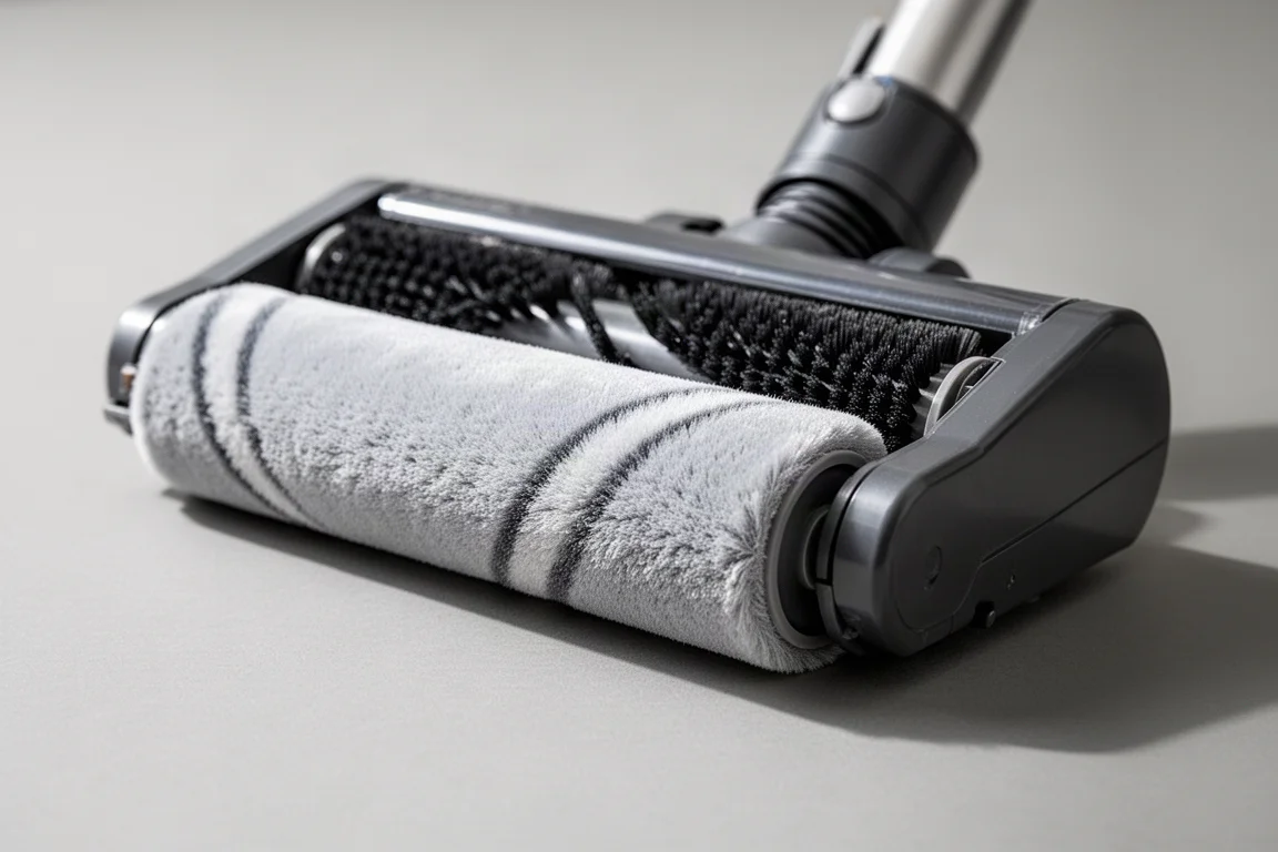 Close-up of a dual-roller floor head showing soft roller and standard roller