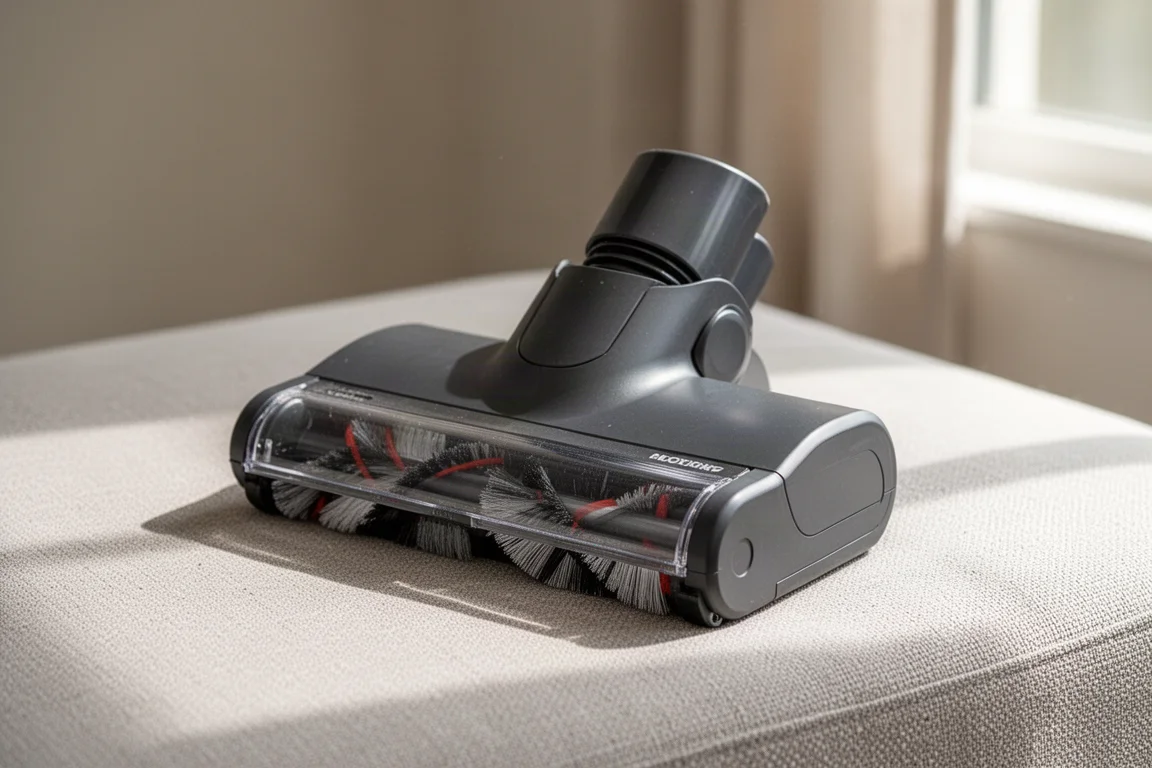 Motorized upholstery tool with a sturdy build resting on a fabric surface
