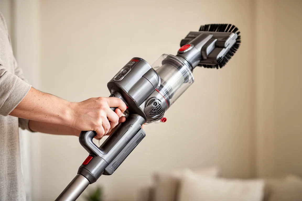 Hand holding a cordless vacuum handle in handheld mode for above-floor cleaning