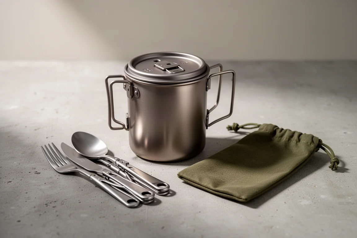 Titanium camp cup with lid beside a folding cutlery set and stuff sack on concrete