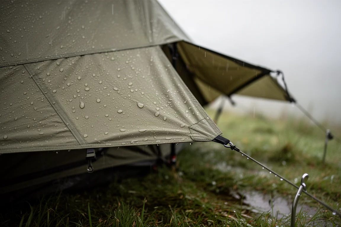 橄欖色露營帳外帳布料上凝結的雨滴,遮雨延伸布敞開