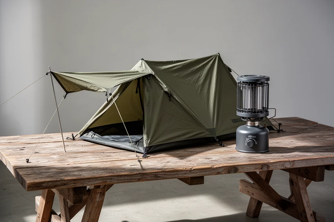 Compact olive bivvy tent and dark grey butane stove heater arranged on a wooden camp table