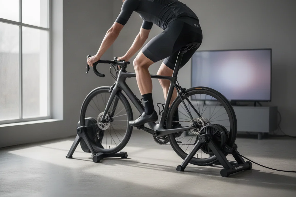 Ciclista montando en una bicicleta de carretera sobre un rodillo indoor en una habitación luminosa y minimalista