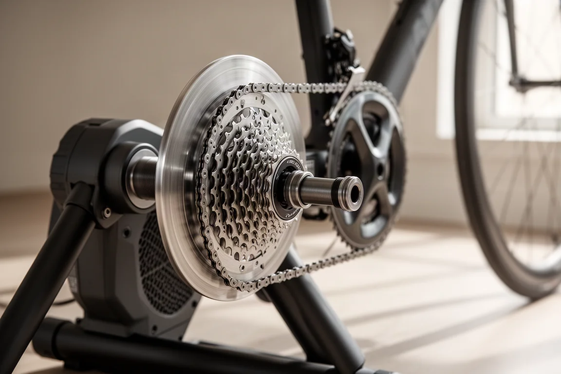 Primer plano del volante de inercia de un rodillo inteligente y la transmisión de la bicicleta bajo una luz suave