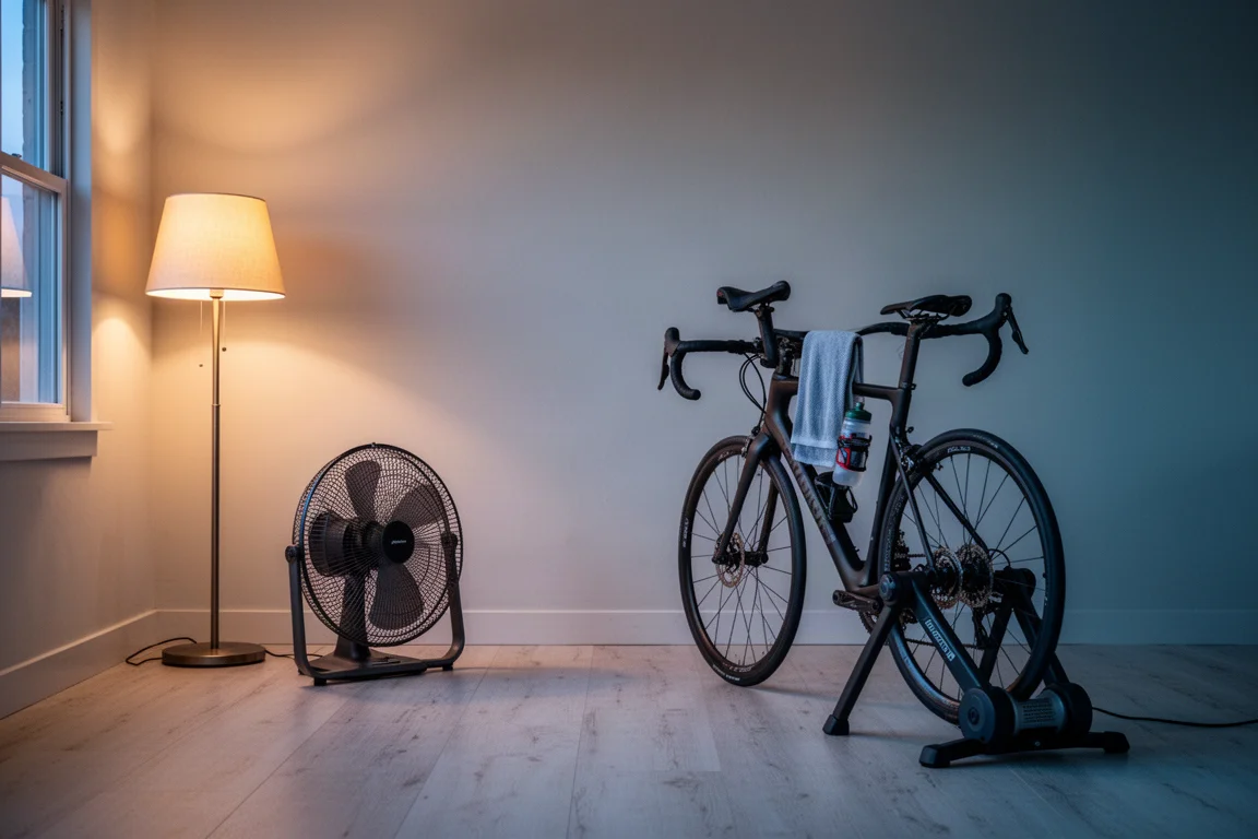Rincón de ciclismo indoor en casa al atardecer con una bicicleta sobre un rodillo y un ventilador de suelo