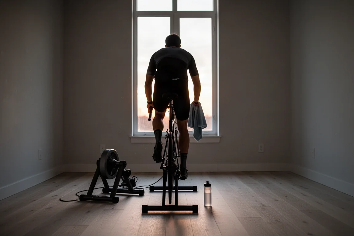 Cycliste sur home trainer à l'aube, vu de dos, lumière traversant un parquet en bois