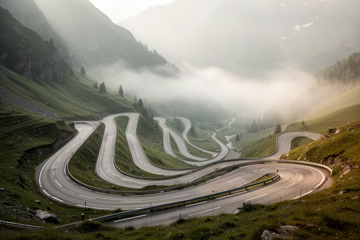 Route alpine sinueuse avec lacets en épingle et brume matinale dans la vallée