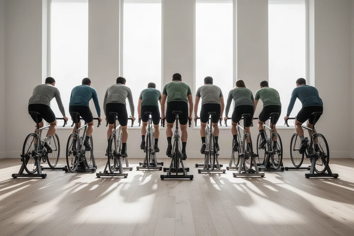 Rangée de cyclistes sur home trainers dans une pièce claire et minimaliste, vue de dos