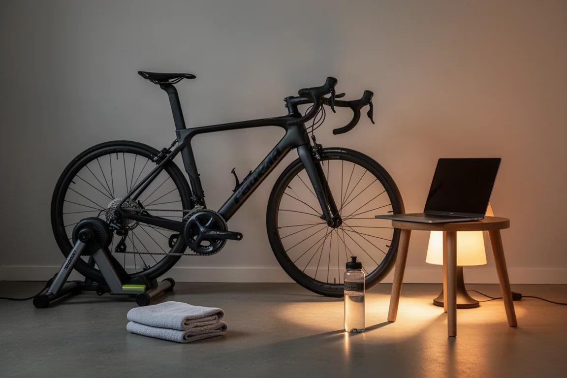Coin d'entraînement à la maison avec un vélo sur home trainer, serviette, bidon et ordinateur portable