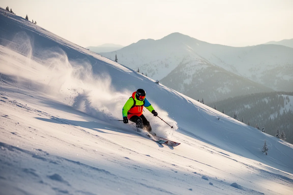 Freeride-Fahrer zieht in Tiefschnee eine Kurve mit einer Fontäne aus Schnee im Morgenlicht