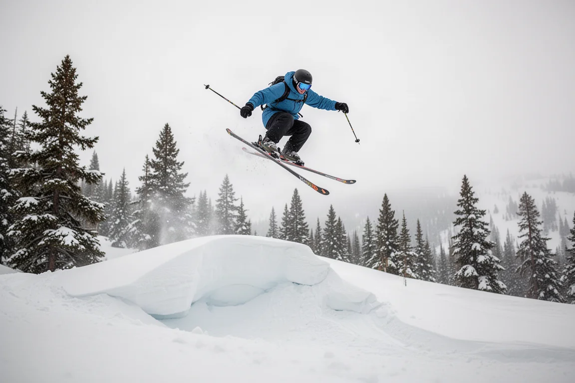 Skifahrer schwebt über ein Backcountry-Schneekissen, breite Skier in der Luft schräg gestellt