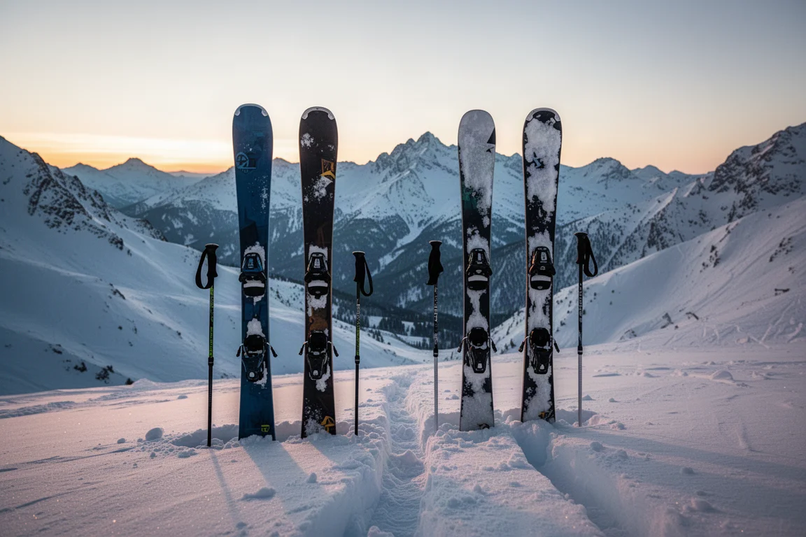 Breite Freeride-Skier und Stöcke stecken in tiefem Schnee in der Abenddämmerung mit Alpengipfeln dahinter