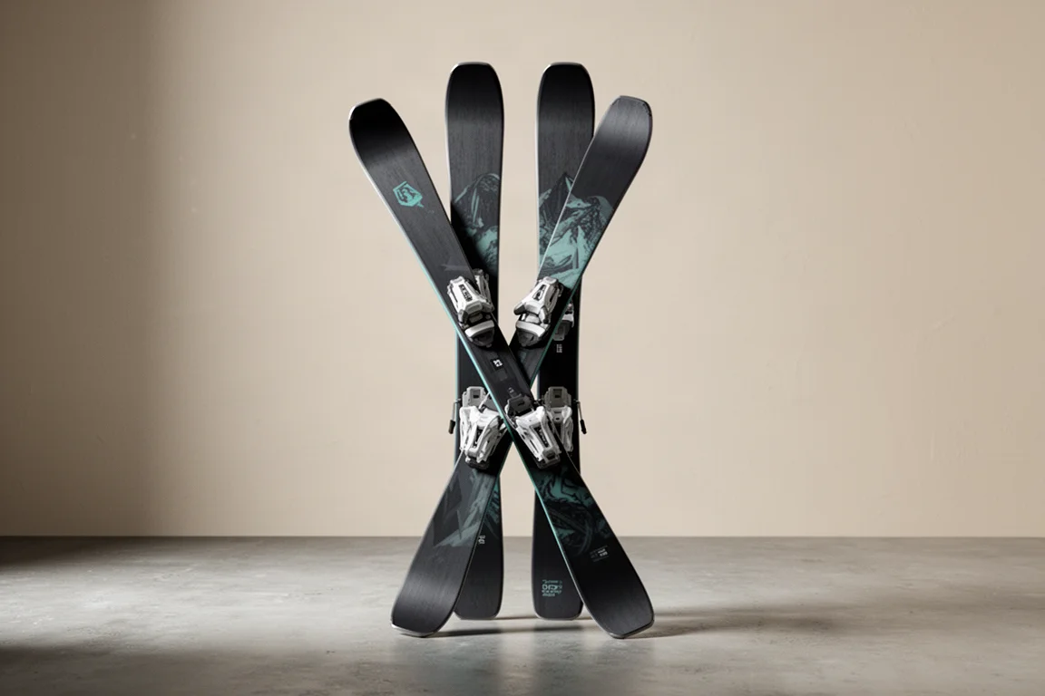 Wide freeride alpine skis with twin tip shape and silver bindings on a concrete floor