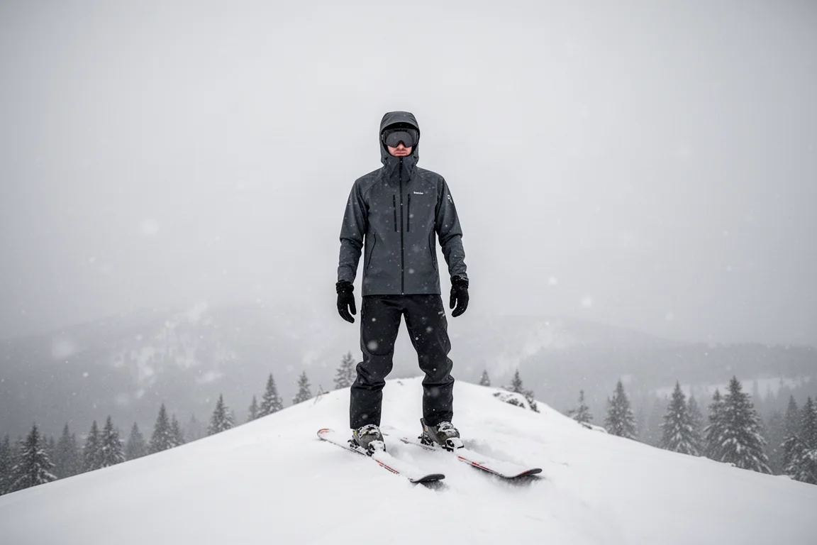 Skier in a lightweight shell kit on a snowy mountain ridge with light snow falling