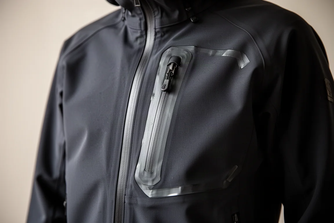Close-up of deep chest pocket and taped zipper on a technical ski shell