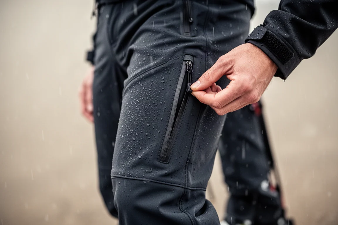 Thigh pocket with phone sleeve inside shell pants during rain on a ski slope