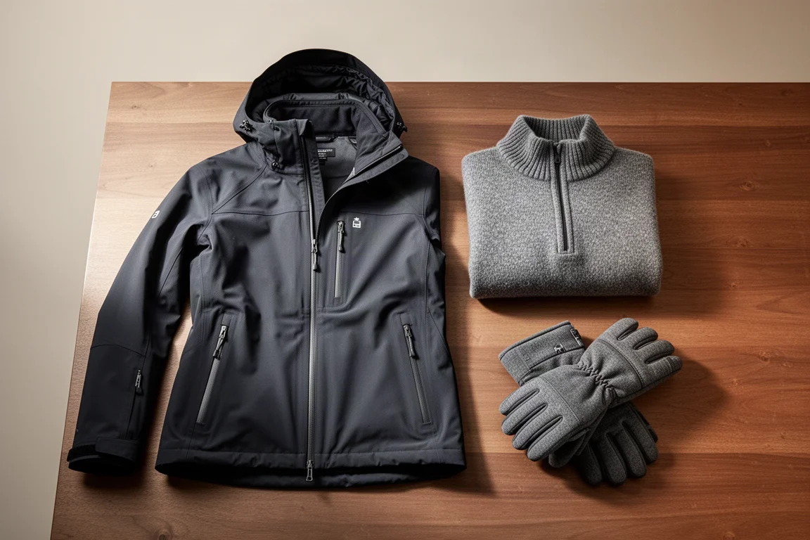Layered mid-layer wool sweater worn under a thin shell jacket in cold conditions
