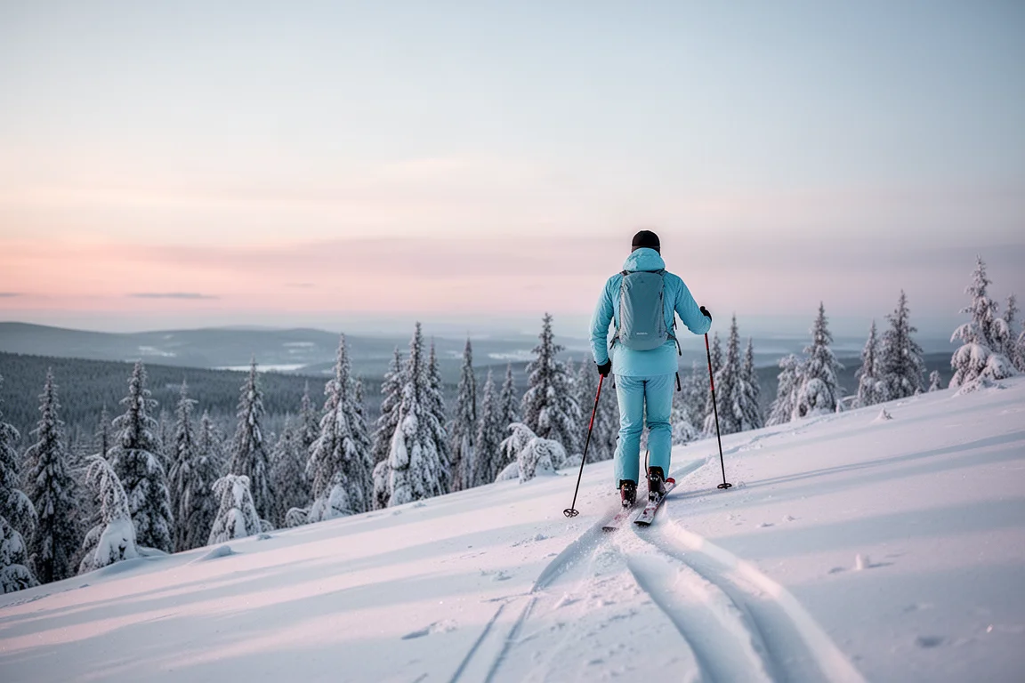 Ski tourer seen from behind skinning up a ridge at first light in a blue shell jacket