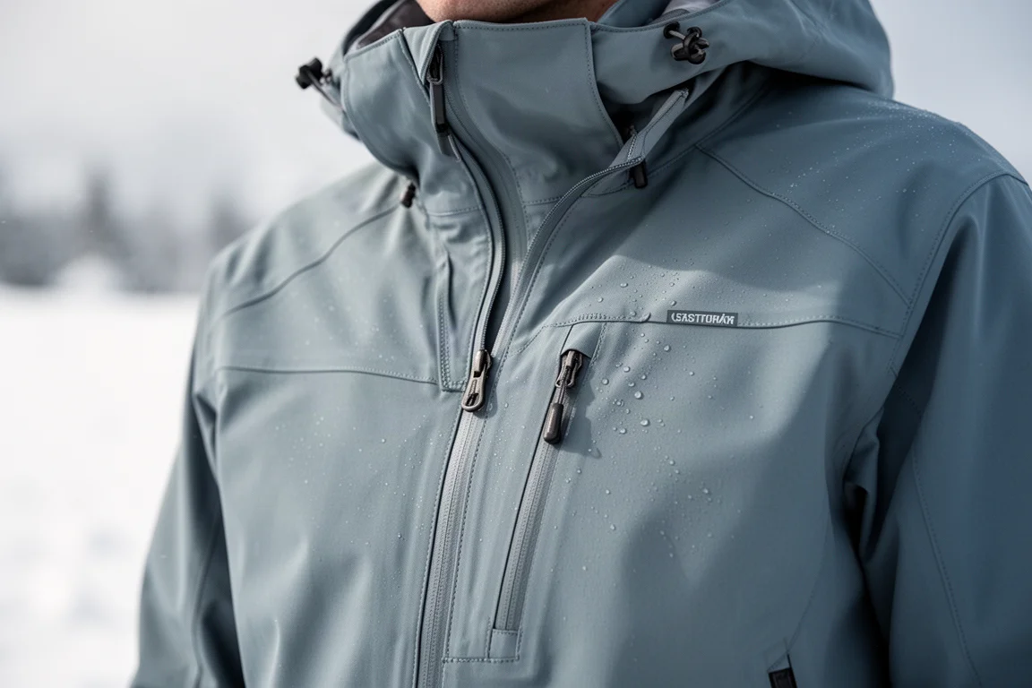 Close-up of a lightweight ski shell jacket chest zip and three-layer fabric texture