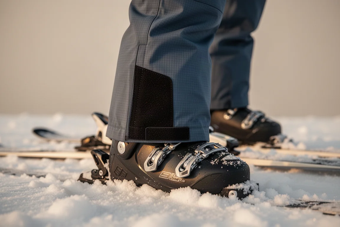 Ski pant hem resting over a ski boot with a dark reinforced ankle patch