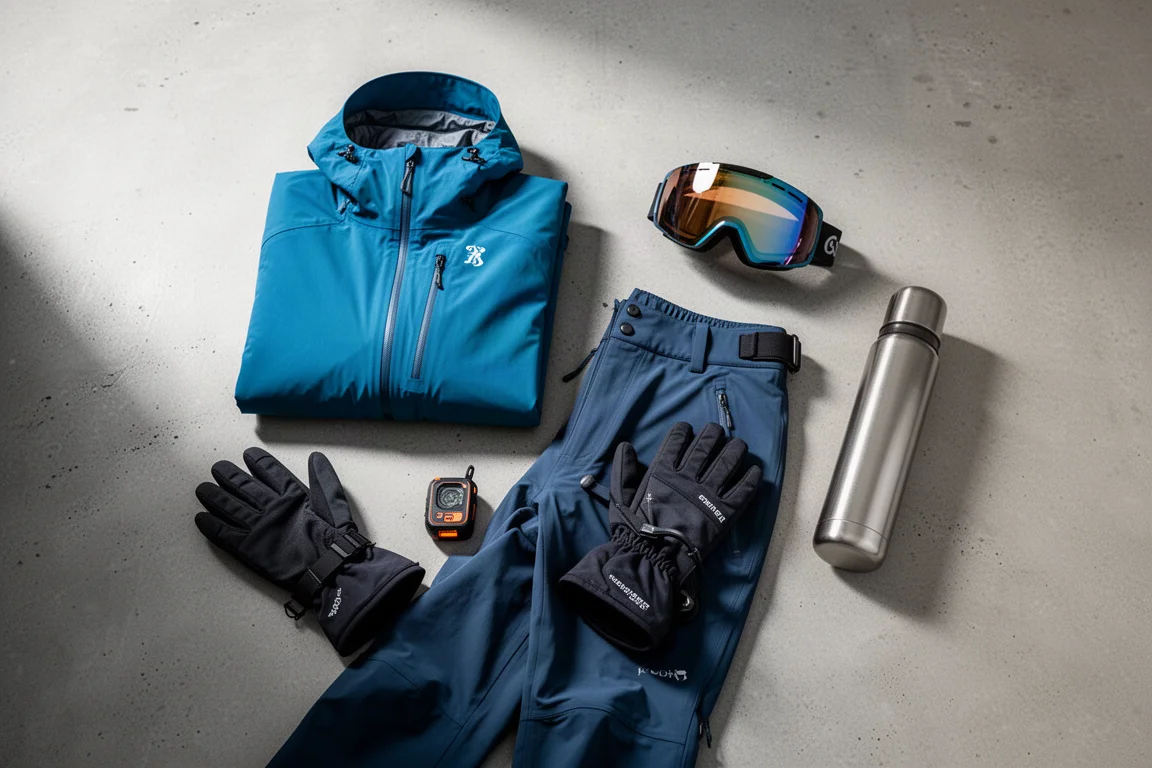 Overhead flat-lay of ski touring essentials on a concrete surface