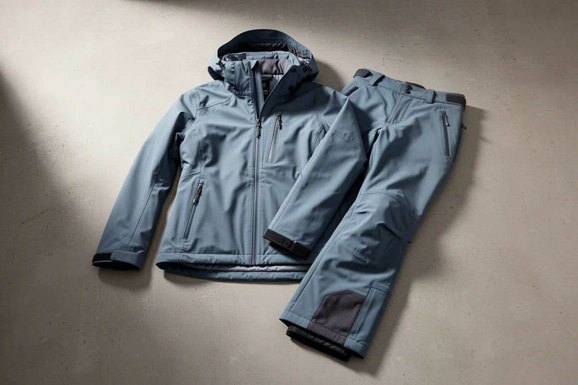 Blue women's ski shell jacket and matching insulated ski pants arranged on a concrete surface