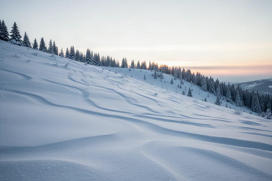 Untouched deep powder snow on a mountain slope at first light with distant evergreen trees