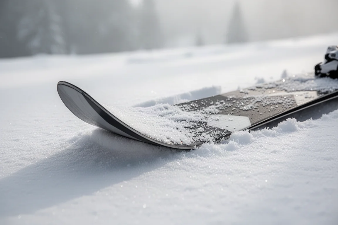 Wide powder ski tip emerging from fresh snow showing rocker and early taper
